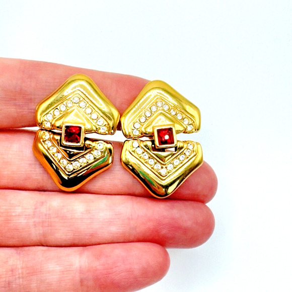 Vintage Swarovski Crystal Red Clear Door Knocker Earrings Gold Tone Glam 80s - Picture 3 of 6